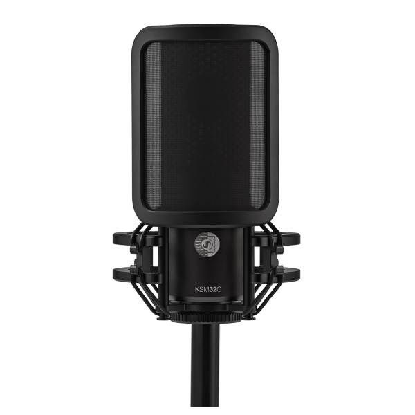 Shure KSM32C Large Diaphragm Condenser Microphone - Front with Shock Mount and Pop Filter