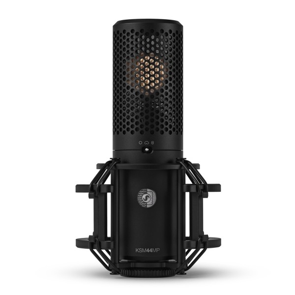 Shure KSM44MP Large Diaphragm Condenser Microphone Front View Shockmount Tabletop
