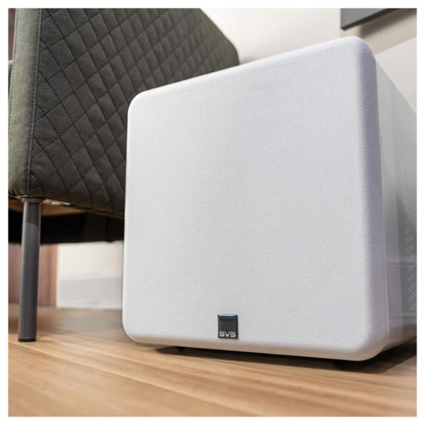 SVS SB1000 Pro Subwoofer, Gloss White - lifestyle with grille