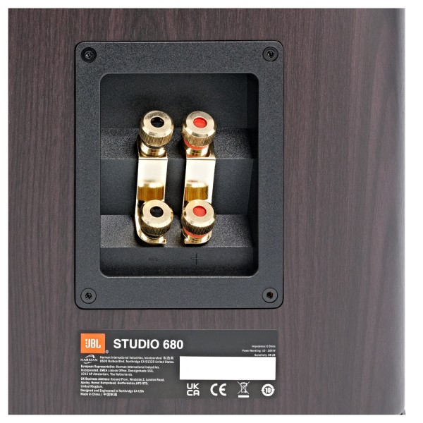 JBL Studio 680 Floorstanding Speaker (Pair), Dark Wood - terminals 