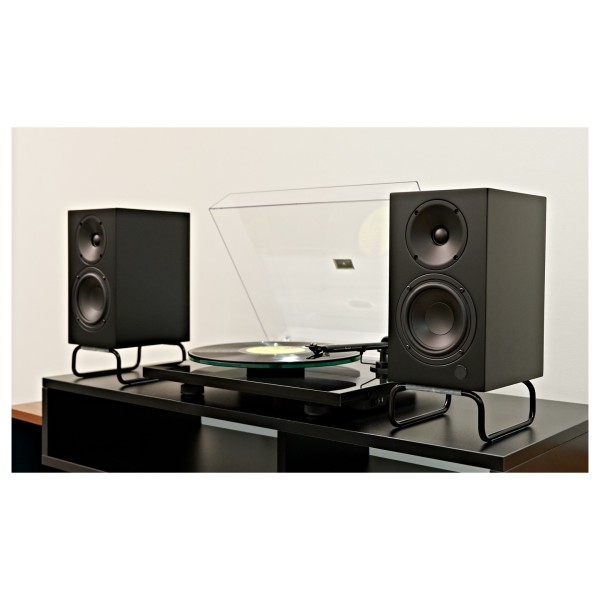 ELAC Designer Series Debut ConneX Adsum Active Bookshelf Speakers (Pair), Black - Lifestyle image, compact hi-fi vinyl system, a