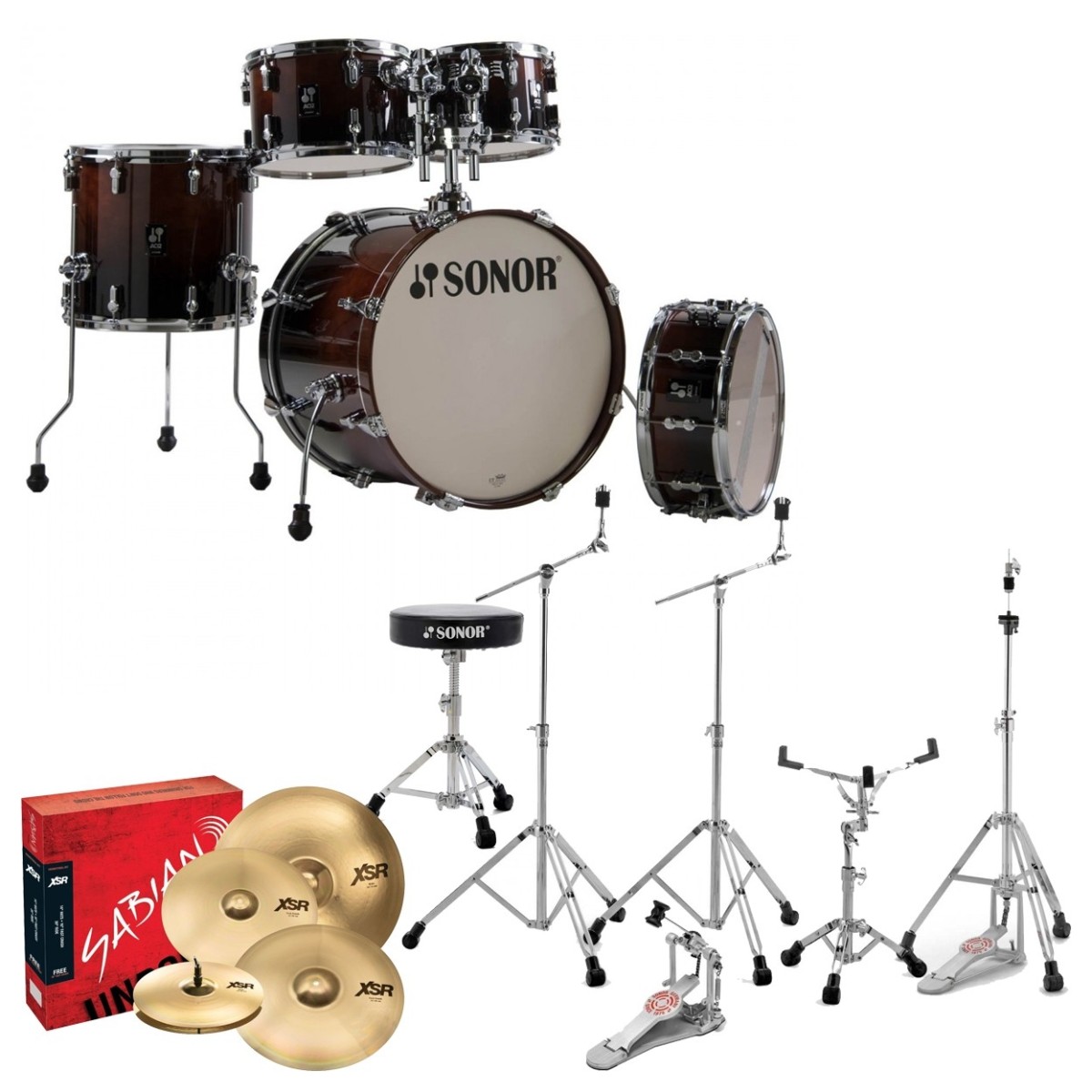 Sonor AQ2 20 5pc Complete Drum Kit With Hardware & Throne Brown Fade