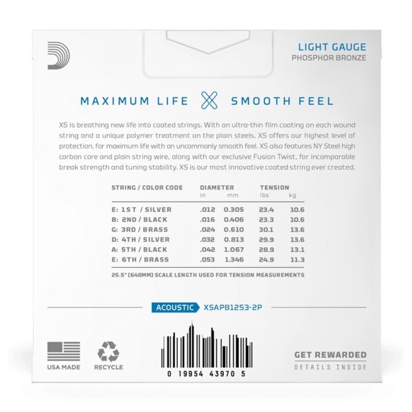 D’Addario XS Phosphor Bronze Acoustic Guitar Strings Light, 12–53 Pack of 2
