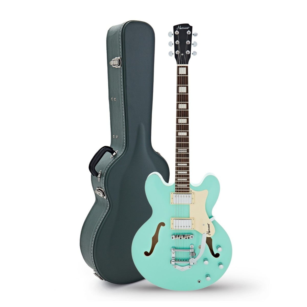 Click to view product details and reviews for Hartwood Revival Vibrato Semi Acoustic Guitar Hard Case Jade Green.