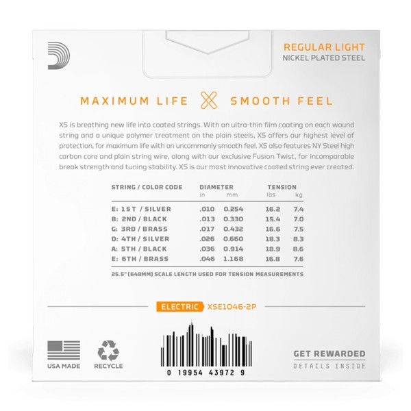 D’Addario XS Nickel Electric Guitar Strings Regular Light, 10–46 Pack of 2