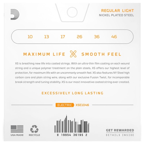 D'Addario XSE1046 XS Nickel Coated Electric Strings, 10-46 - back