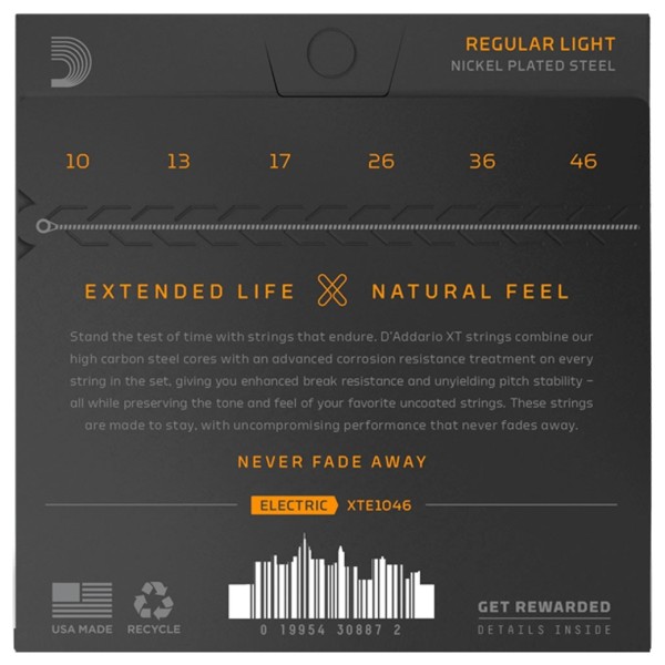 D'Addario XTE1046 XT NPS Regular Light Guitar Strings, 10-46 - back