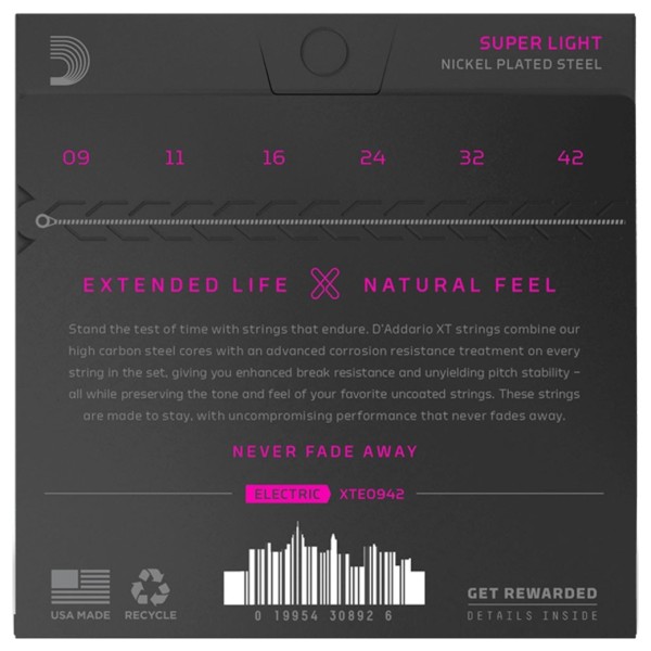 D'Addario XTE0942 XT NPS Super Light Guitar Strings, 9-42 - back