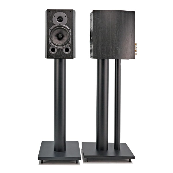 Wharfedale Diamond 9.1 Speakers with Stands, Black - Angled, front and side view