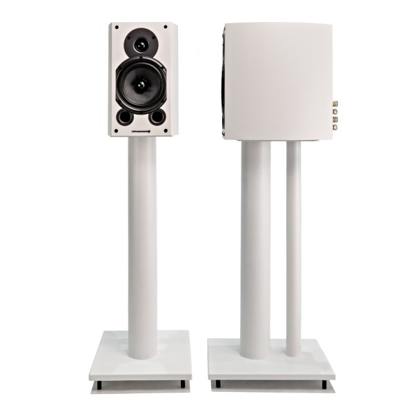 Wharfedale Diamond 9.1 Speakers with Stands, White - Front and side view