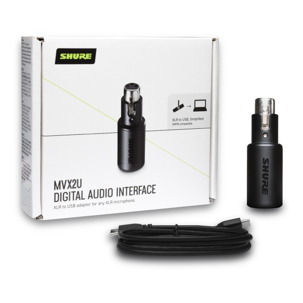 Shure MVX2U Gen 2 XLR to USB-C Audio Interface with DSP and Headphone Output - Boxed Contents