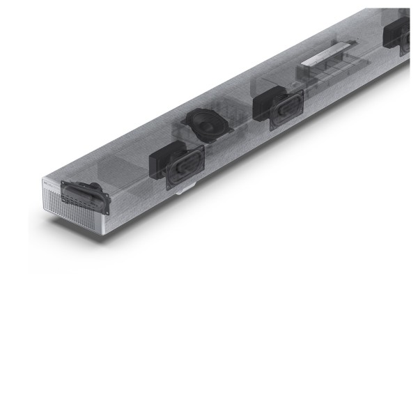 Sharp Q Range Soundbar 3.1.2 Channel Soundbar with Wireless Subwoofer, Silver - bar left end xray