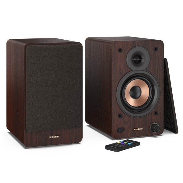 SHARP CP-SS30 Bookshelf Speakers (Pair), Brown - Front, angled with remote control