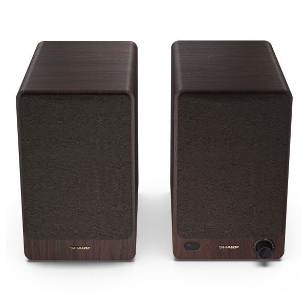 SHARP CP-SS30 Bookshelf Speakers (Pair), Brown - High angle, front with grilles attached
