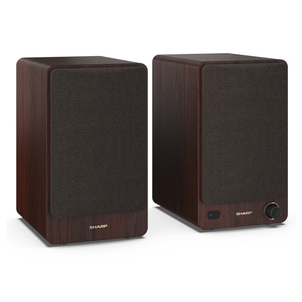 SHARP CP-SS30 Bookshelf Speakers (Pair), Brown - Angled, grilles attached