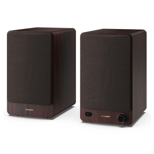 SHARP CP-SS30 Bookshelf Speakers (Pair), Brown - Angled, grilles attached