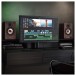 SHARP CP-SS30 Bookshelf Speakers (Pair), Brown - Lifestyle image, desktop PC setup