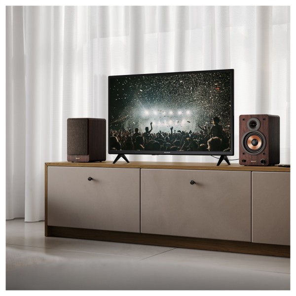 SHARP CP-SS30 Bookshelf Speakers (Pair), Brown - Lifestyle image, stereo TV setup