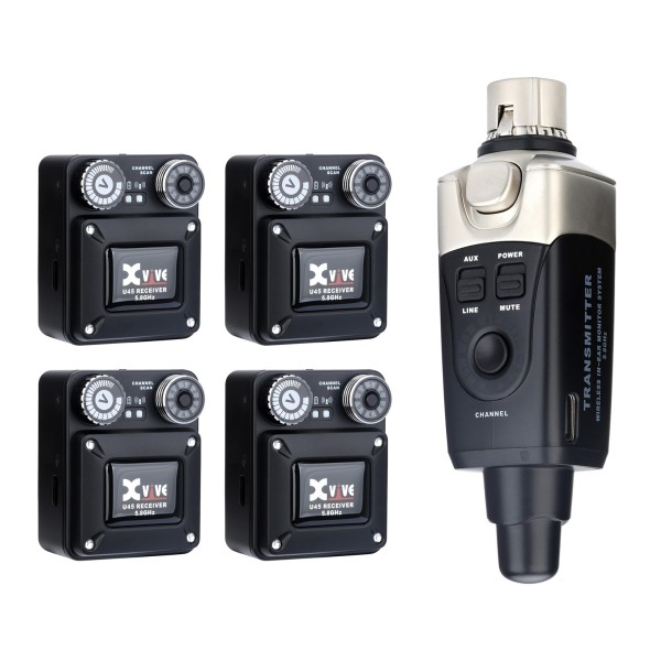Xvive U45R4 5.8GHz Wireless In-Ear Monitor System with 4 Receivers, Black