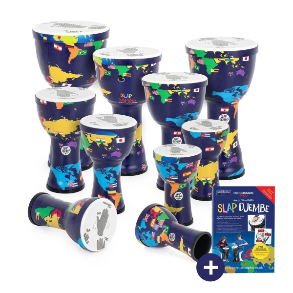 Percussion Plus Slap Djembe Pack, Pre-Tuned, 10 Pack, Mixed Sizes, World Map