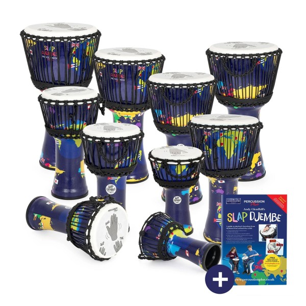 Percussion Plus Slap Djembe Pack, Rope Tuned, 10 Pack, Mixed Sizes, World Map