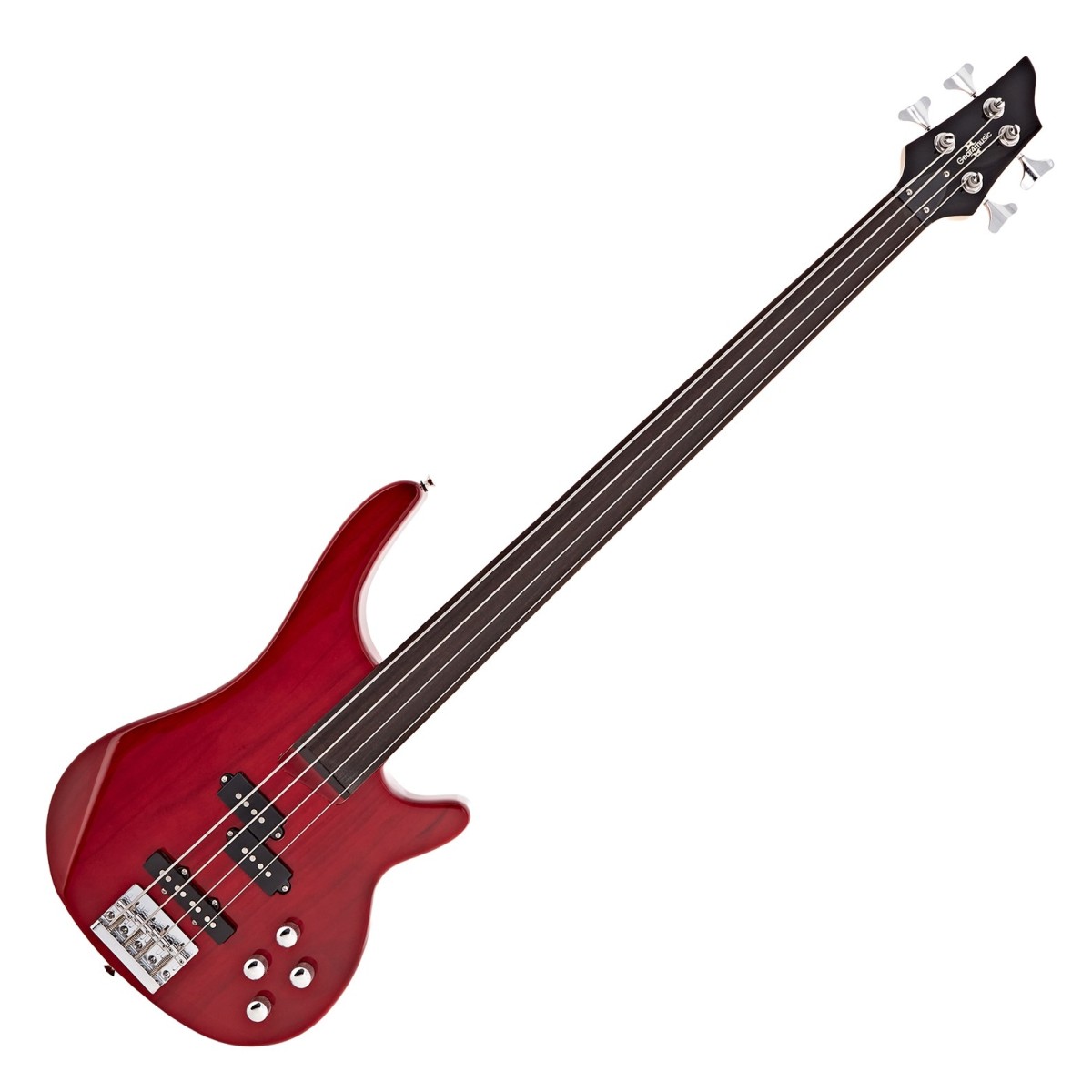 Click to view product details and reviews for Chicago Fretless Bass Guitar By Gear4music Trans Red.