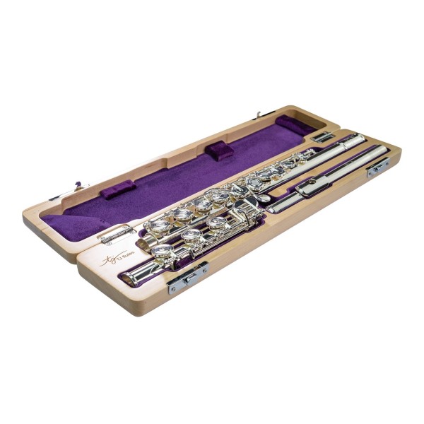 Trevor James Chanson Flute, Voce Head, Split E, Open Hole, B Foot Case Tilted