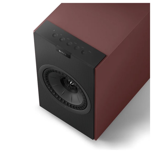 KEF Coda W Bookshelf Speakers (Pair), Vintage Burgundy - angle lifestyle 