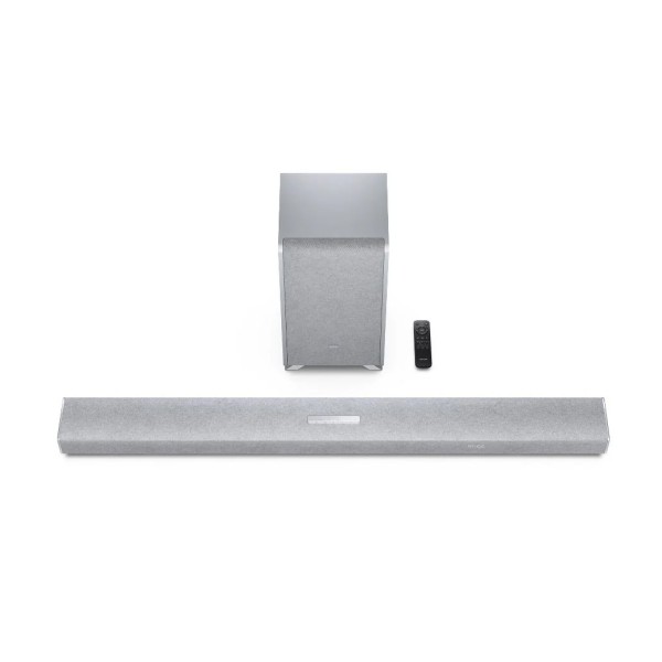 SHARP Q Range 5.1.2 Channel Soundbar with Wireless Subwoofer, Silver bar front 