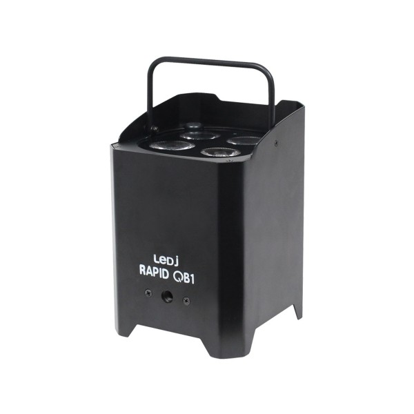 LEDJ Rapid QB1 RGBW Battery-Powered LED Uplighter, Black Housing, Front Angled Handle Up