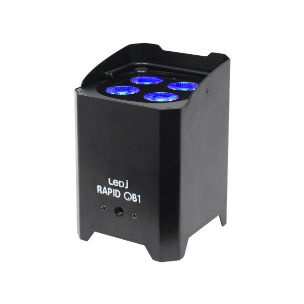 LEDJ Rapid QB1 RGBW Battery-Powered LED Uplighter, Black Housing, Front Angled Lit