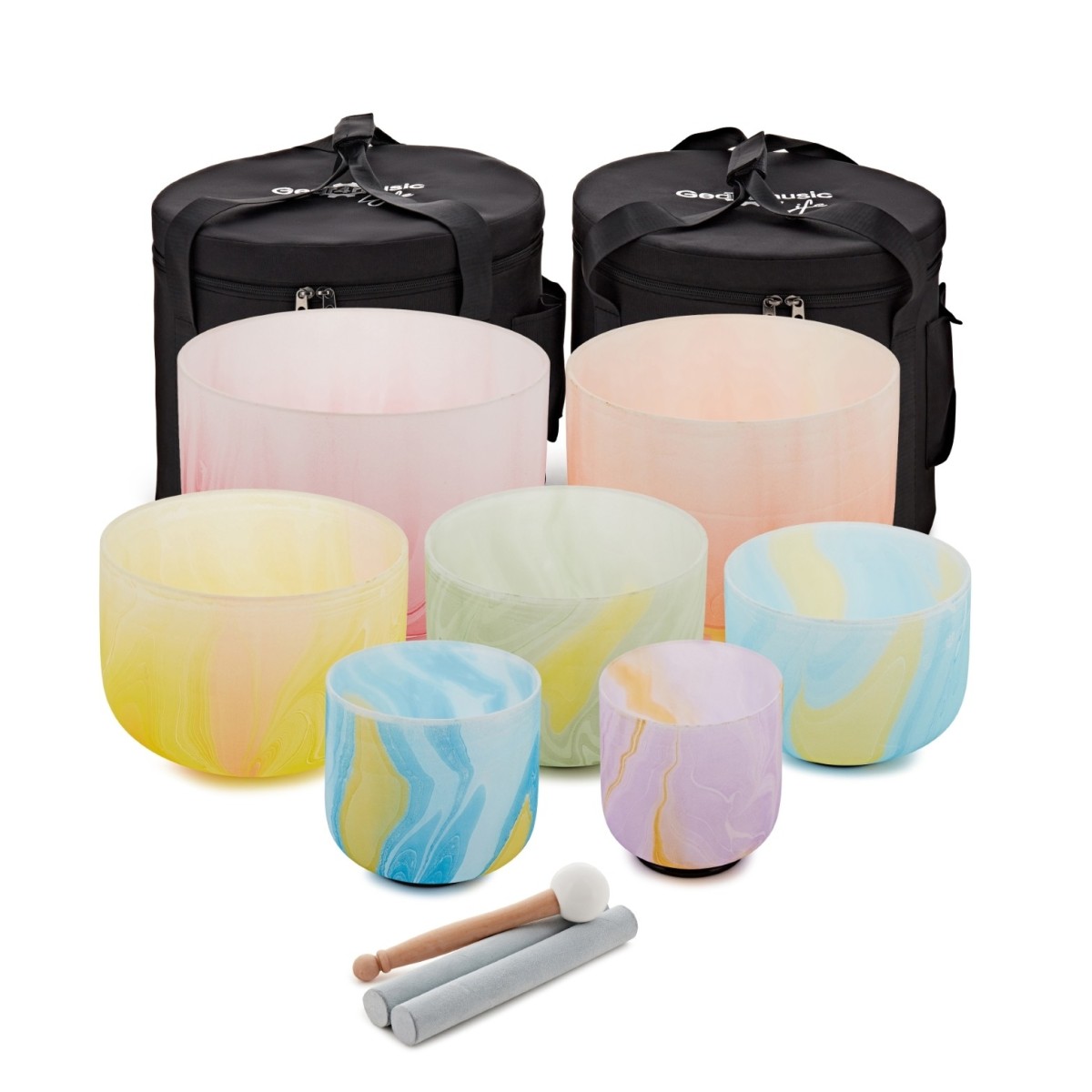 Gear4music Life Seven Piece Crystal Singing Bowl Set & Bags 432Hz Marble