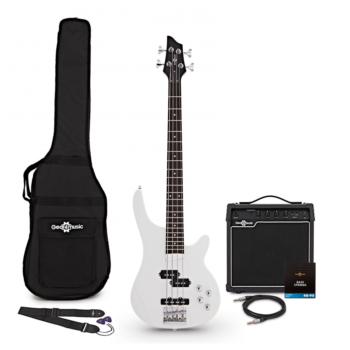Gear4Music 3/4 Chicago Bass Guitar White 15W Bass Amp & Accessory Pack