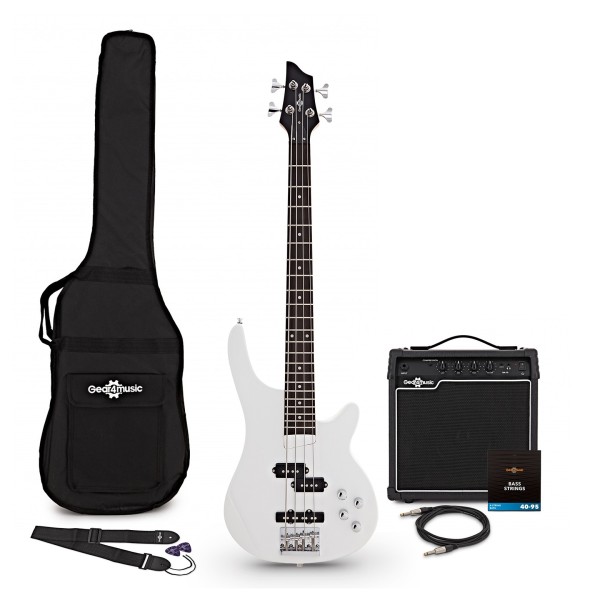 3/4 Chicago Bass Guitar White, 15W Bass Amp & Accessory Pack