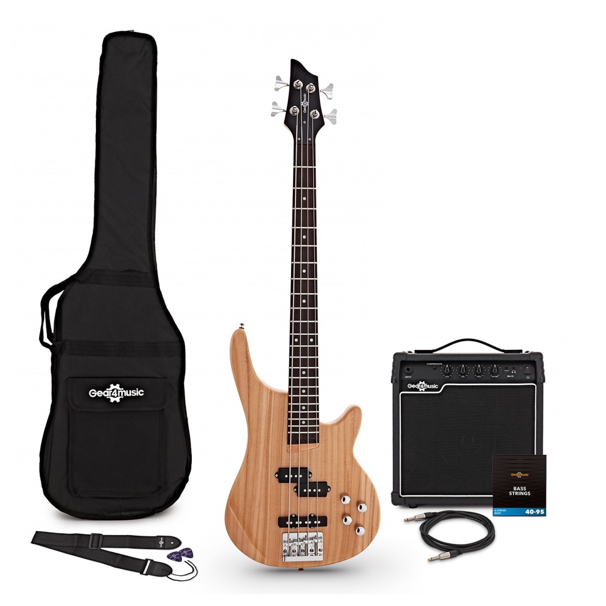 Gear4Music 3/4 Chicago Bass Guitar Natural 15W Bass Amp & Accessory Pack