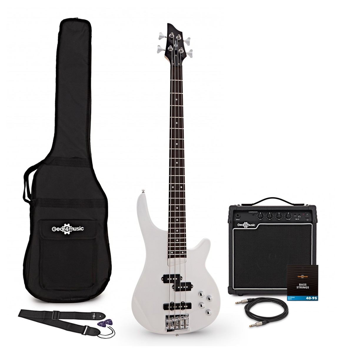 Gear4Music Chicago Bass Guitar White 15W Bass Amp & Accessory Pack