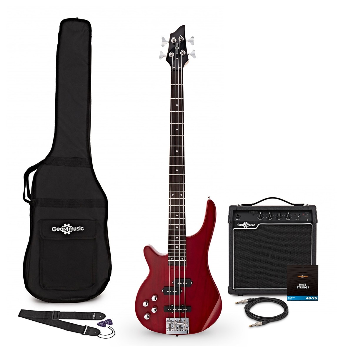 Gear4Music Chicago Left Handed Bass Guitar Trans Red 15W Bass Amp & Accessory Pack