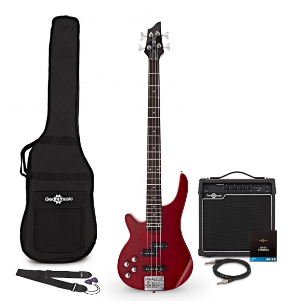 Chicago Left Handed Bass Guitar Trans Red, 15W Bass Amp & Accessory Pack