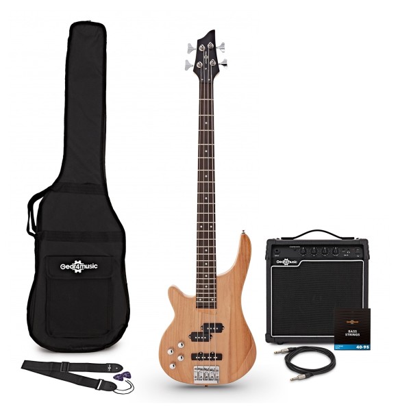 Chicago Left Handed Bass Guitar Natural, 15W Bass Amp & Accessory Pack