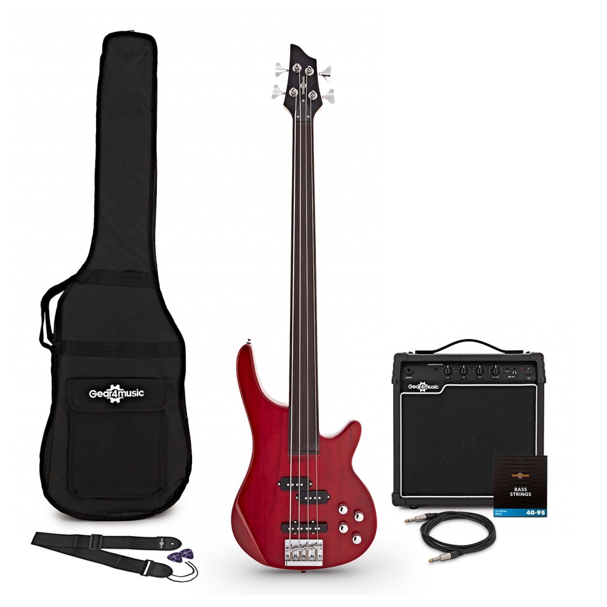 Gear4Music Chicago Fretless Bass Guitar Trans Red 15W Bass Amp & Accessory Pack