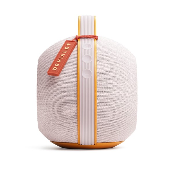 Devialet Mania Portable Wireless Speaker with Cocoon Case, Rose Bloomside buttons and jet tag 