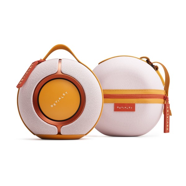 Devialet Mania Portable Wireless Speaker with Cocoon Case, Rose Bloom - next to case 