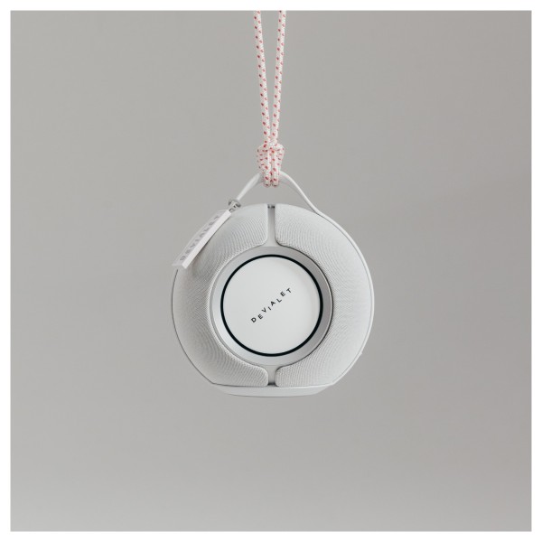 Devialet Mania Portable Wireless Speaker with Cocoon Case, White Mist - lifestyle hanging 