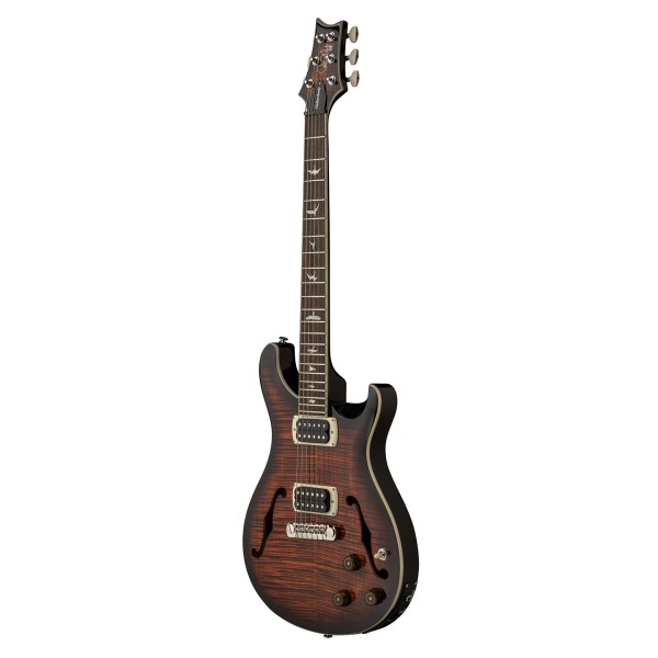 PRS SE Hollowbody I Piezo Flat Back, Orange Tiger Smokeburst - angled shot