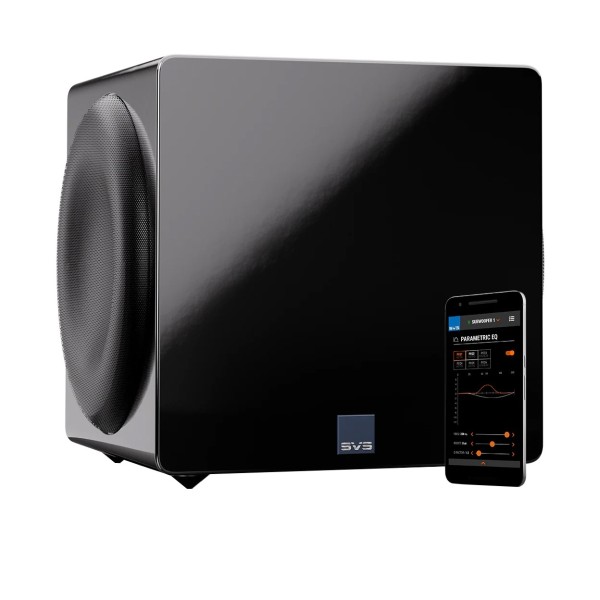 SVS 3000 Micro R|Evolution Compact Subwoofer, Gloss Black - angle with phone