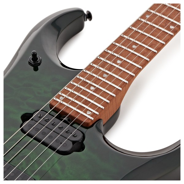 Music Man JP15 Quilted Maple, Green Tiger Eye - upper frets