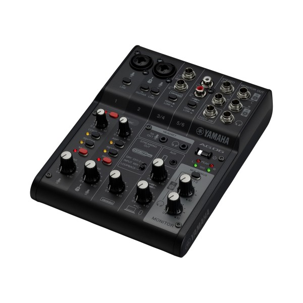 Yamaha AG06 MK2 6 Channel Mixer with USB Interface, Black - Angled