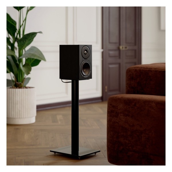 DALI Sonik 1 Bookshelf Speakers (Pair), Black Ash with Matching Stand - Lifestyle