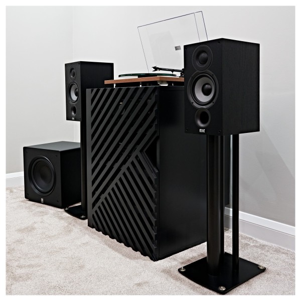 ELAC Debut B5.2 Bookshelf Speaker (Pair), Black Ash - lifestyle with Varro subwoofer