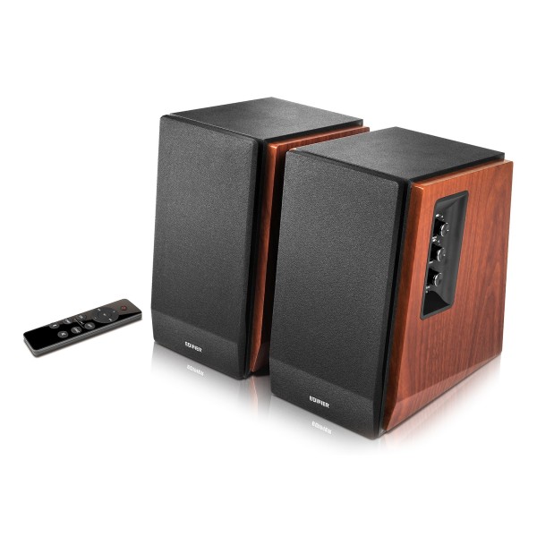 Edifier R1700BTS Active 2.0 Bluetooth Bookshelf Speaker Set, Brown - with remote over angle 